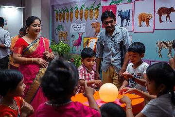 People and children gathered for Celebration of Animal Welfare at kalyan Jivashray Foundation.