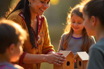 A woman and children play with wooden birdhouses, supporting the Save Birds Campaign 2024 at Kalyan Jivashray Foundation.